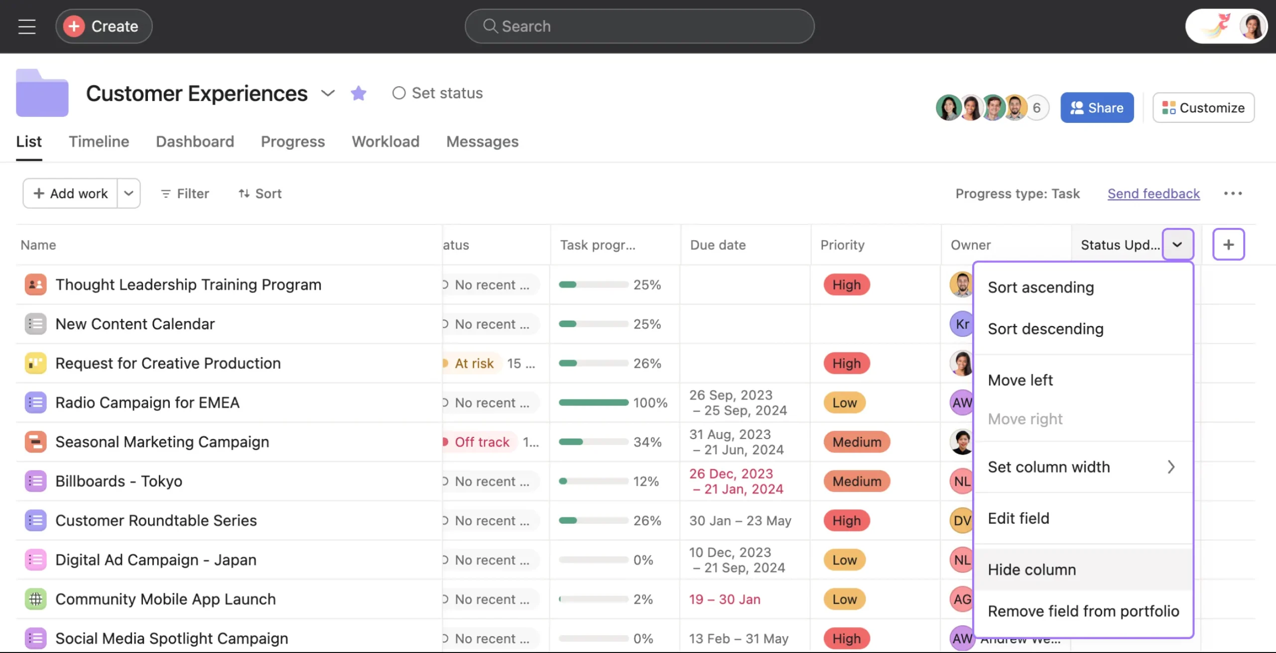 Asana project list view showing tasks with status, progress, due dates, priority levels, and a dropdown menu for sorting and customizing columns.